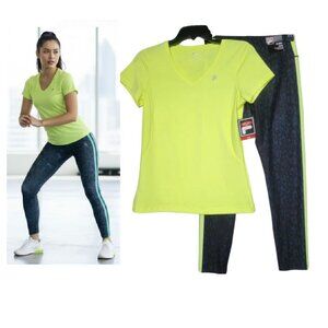 ⭐WOMEN'S ACTIVE SET SIZE S FILA 2 PC SET BLACK GREEN ANIMAL PRINT lEGGING TSHIRT